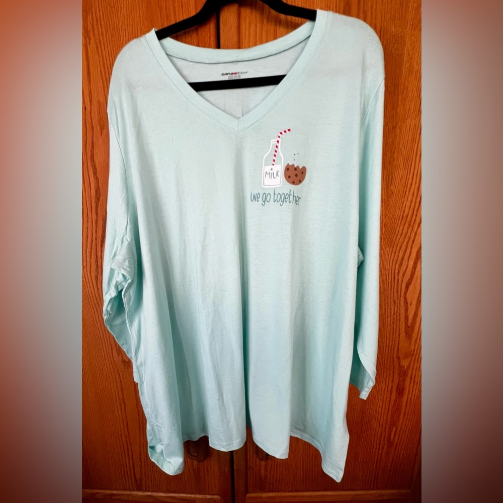 Avenue Light Blue Pajama Top with Milk and Cookie Graphic
